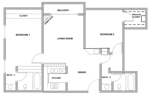 Floor plan for 2 beds, 2 baths, 1163 sqft